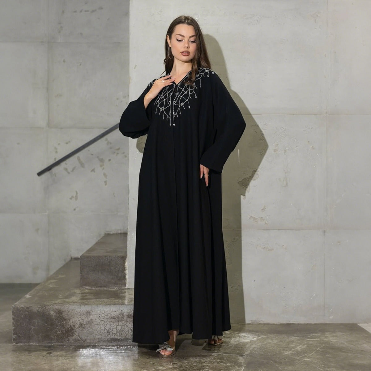 Modest Muslim Loose Fit Black Diamond Embellished V-Neck Abaya Dress(MOA)