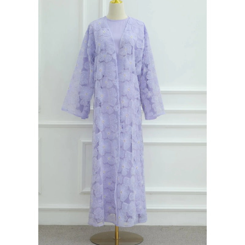 Mesh Flower Bead Open Abaya and Satin Interior Dress 2-Piece Set  | Elegant Muslim Wedding Guest Outfit(MOA222)