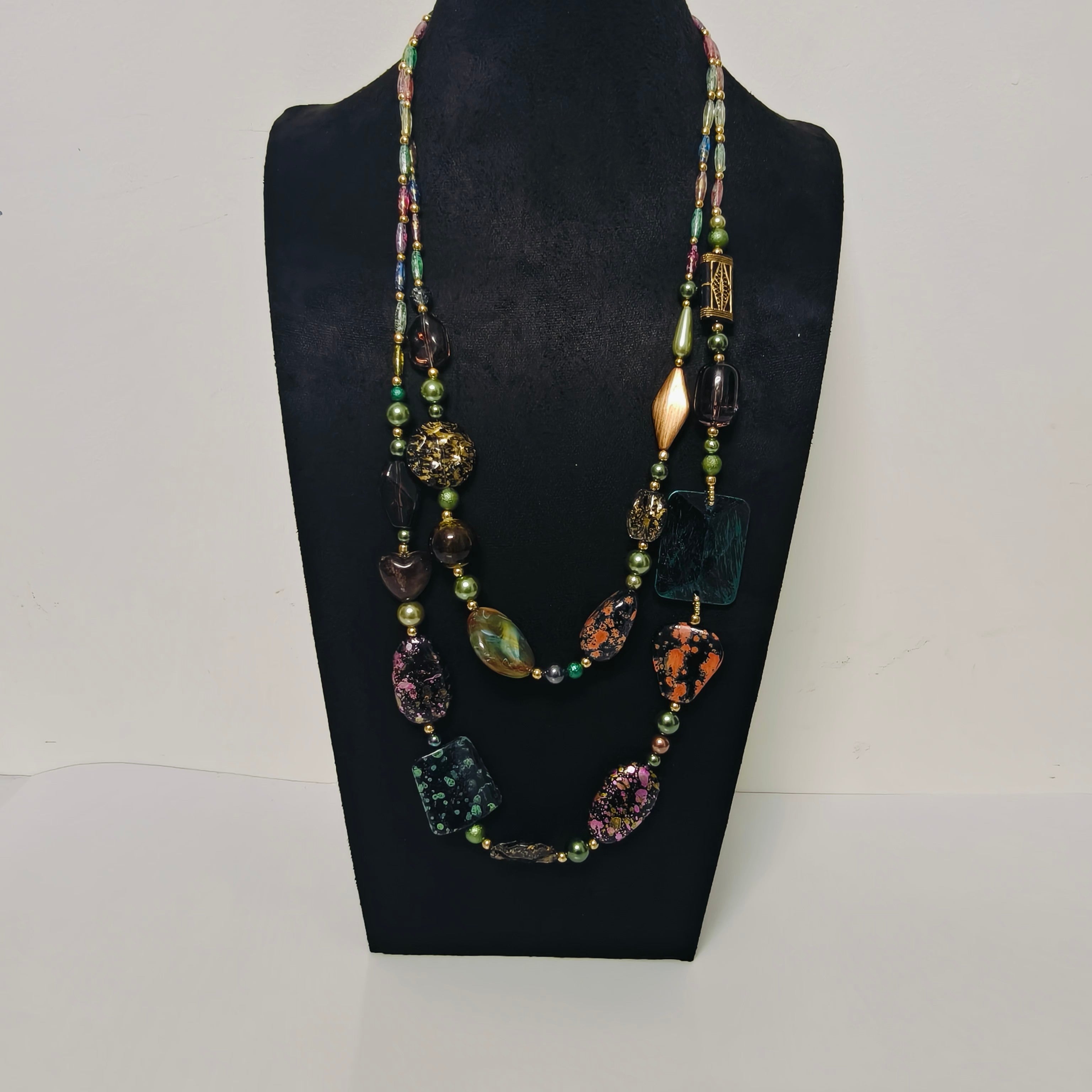 Handmade Resin & Shell Bead Necklace |  Artistic Beaded Statement Necklace |  Long Lightweight Boho Jewelry for Women (MAC346)
