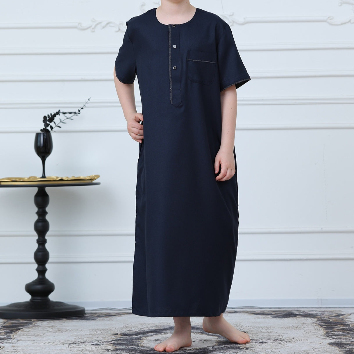Boys Navy Short Sleeve Thobe with Chest Pocket(MKB022)