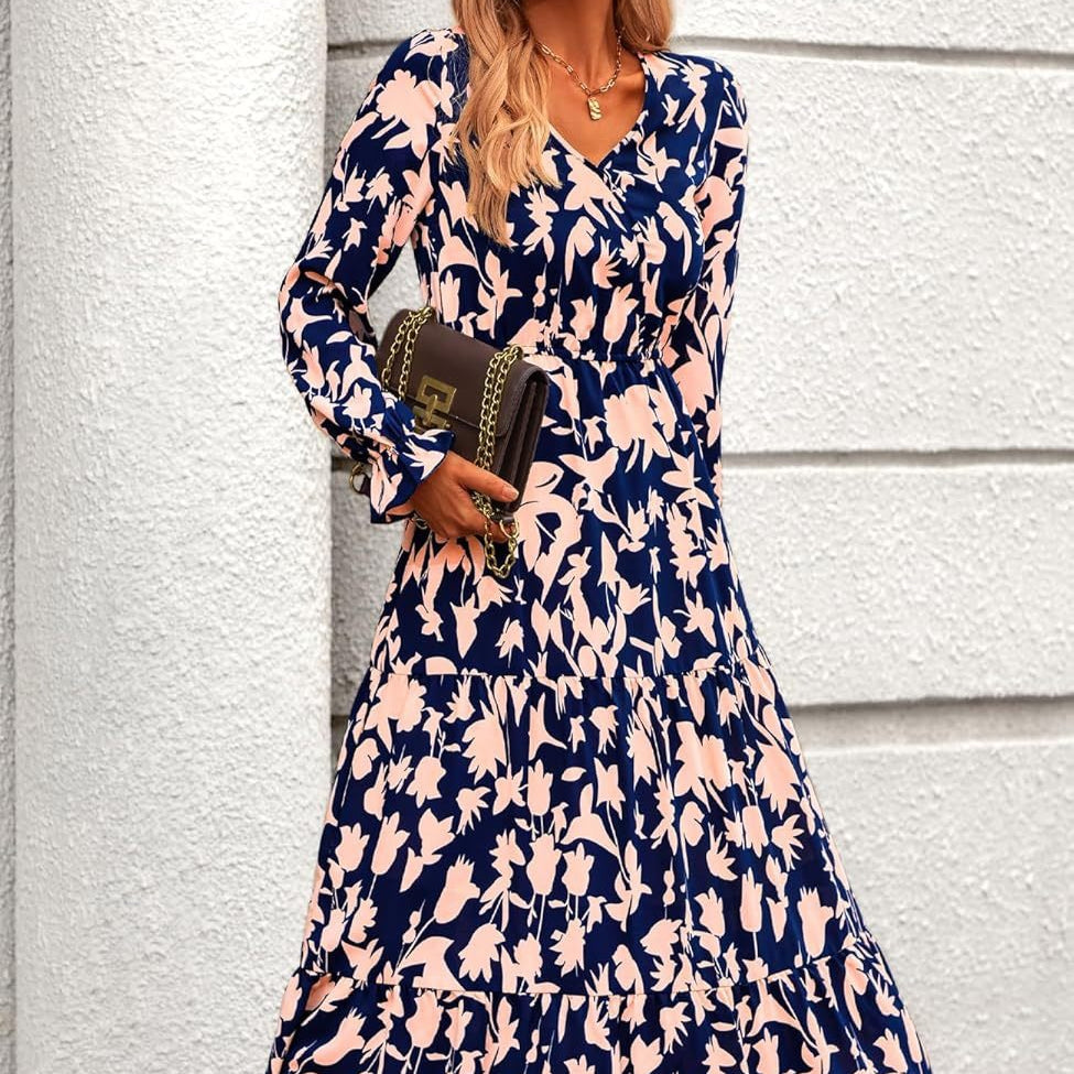 Floral Print V-Neck Midi Dress | Long Sleeve Elastic Waist Dress(MS271)