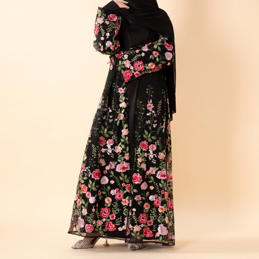 3D-Style Rose Garden Embroidered Open Abaya (MOA275)