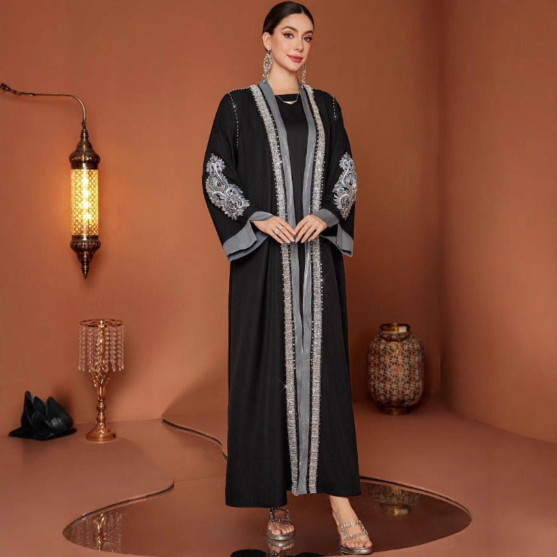 Luxury Embroidered Rhinestone Abaya | Open Front with Contrast Trim & Split Cuffs(MOA235)