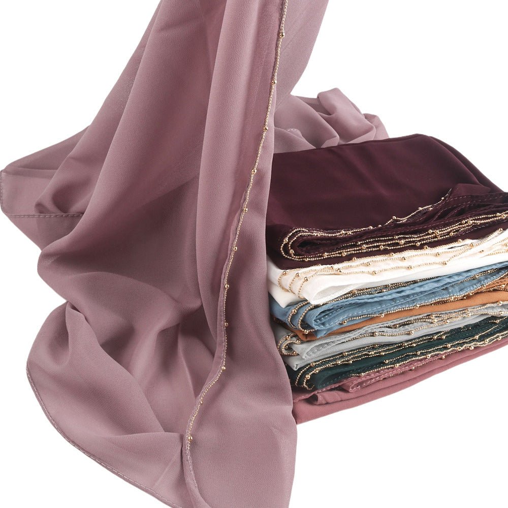 Elegance Solid Color Chiffon Hijab with Metallic Chain Trim (MH138) - Mariam's Collection