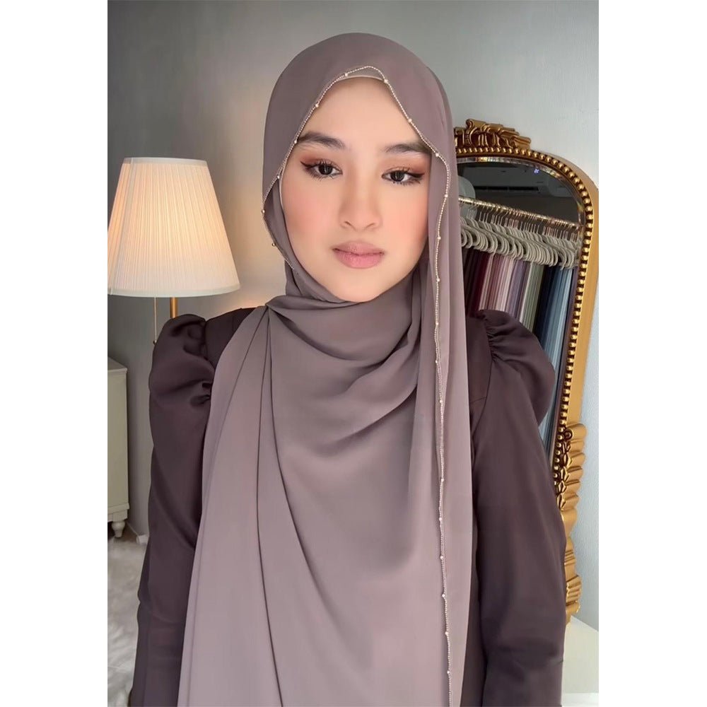 Elegance Solid Color Chiffon Hijab with Metallic Chain Trim (MH138) - Mariam's Collection