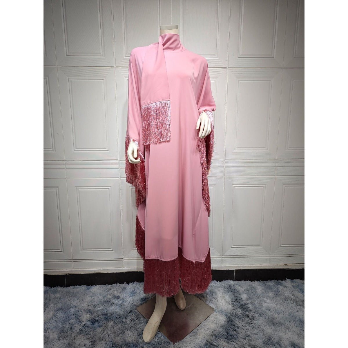 Elegant Bat Sleeve Tassel Kaftan | High Fashion Modest Party Dress with Flowy Fringe Details(MA288) - Mariam's Collection