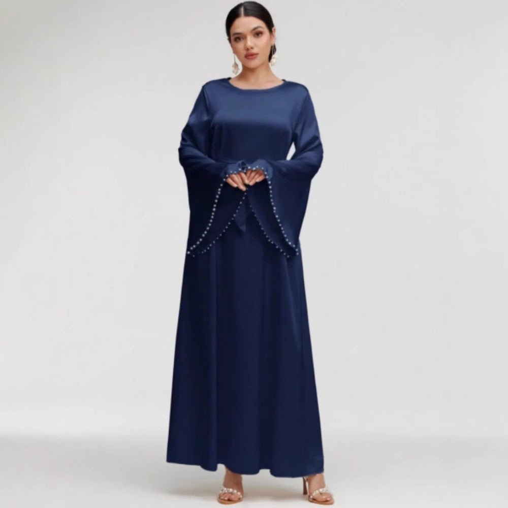 Elegant Beaded Pear Long Sleeve Maxi Dress Abaya with Flared Cuffs & Waist Tie. (MA200) - Mariam's Collection
