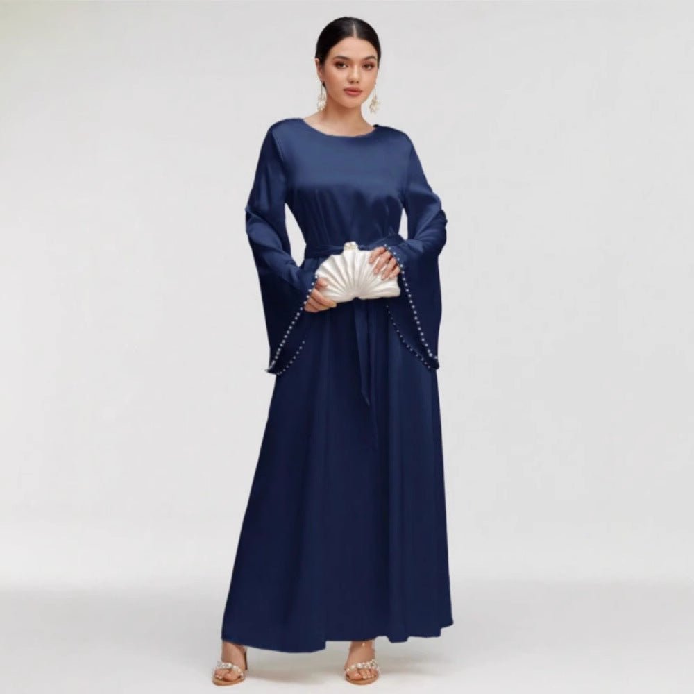 Elegant Beaded Pear Long Sleeve Maxi Dress Abaya with Flared Cuffs & Waist Tie. (MA200) - Mariam's Collection
