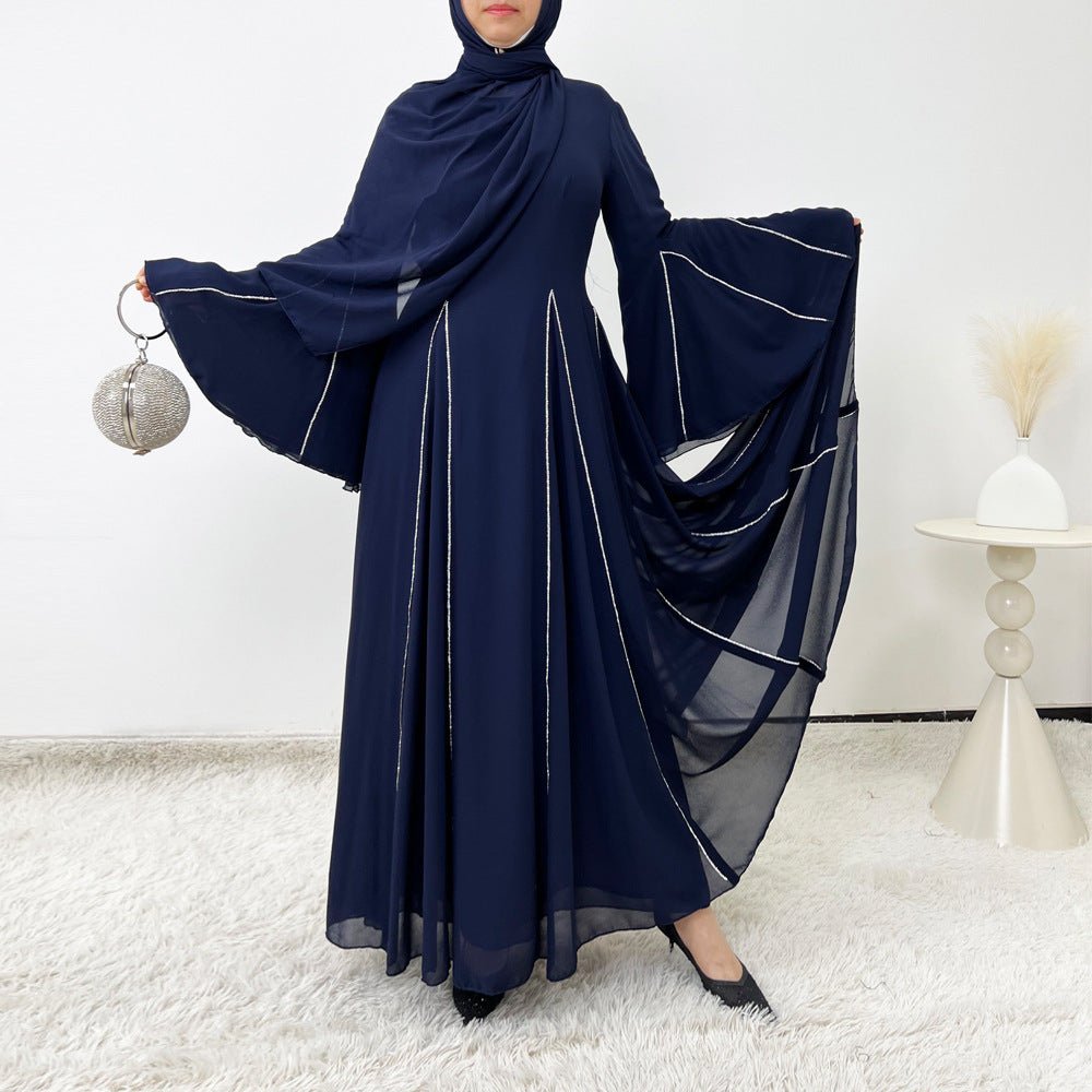 Elegant Chiffon Abaya Set with Hijab | Round Neck Bell Sleeve Maxi Dress with Rhinestone Trim(MA325) - Mariam's Collection
