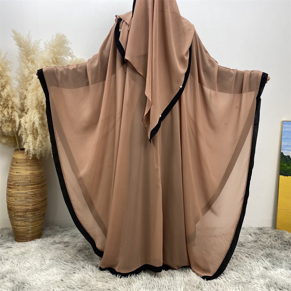 Elegant Chiffon Batwing Sleeve Abaya Pearl - Embellished Loose Muslim Robe with Contrast Trim. (MA183) - Mariam's Collection