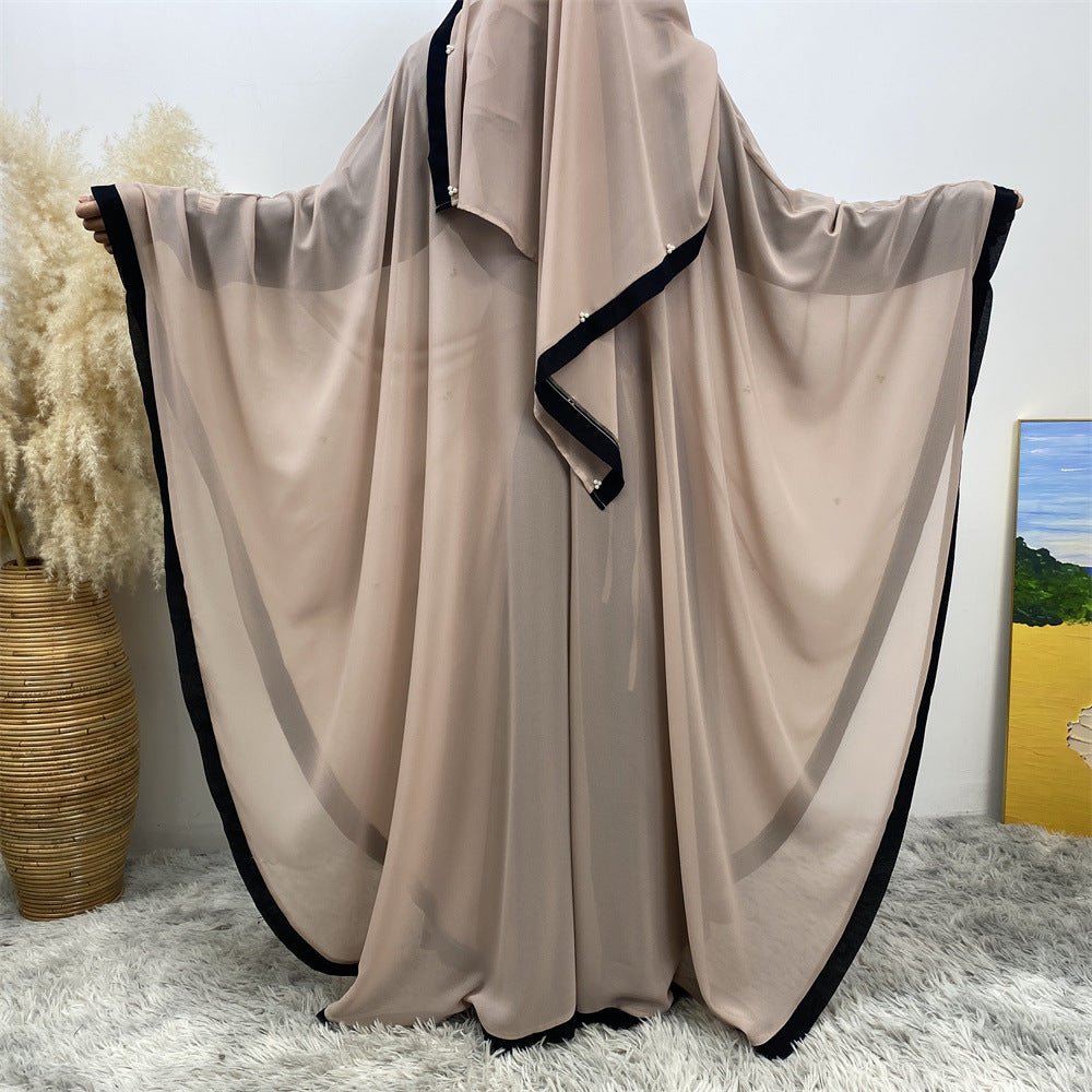 Elegant Chiffon Batwing Sleeve Abaya Pearl - Embellished Loose Muslim Robe with Contrast Trim. (MA183) - Mariam's Collection
