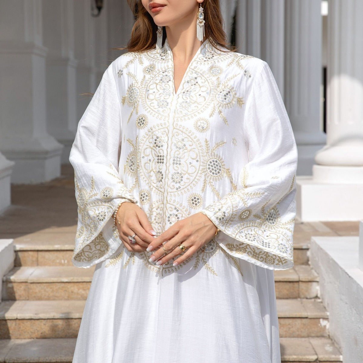 Elegant Embroidered Abaya Gown | Gold Thread & Sequin Maxi Dress with Flared Sleeves(MA285) - Mariam's Collection