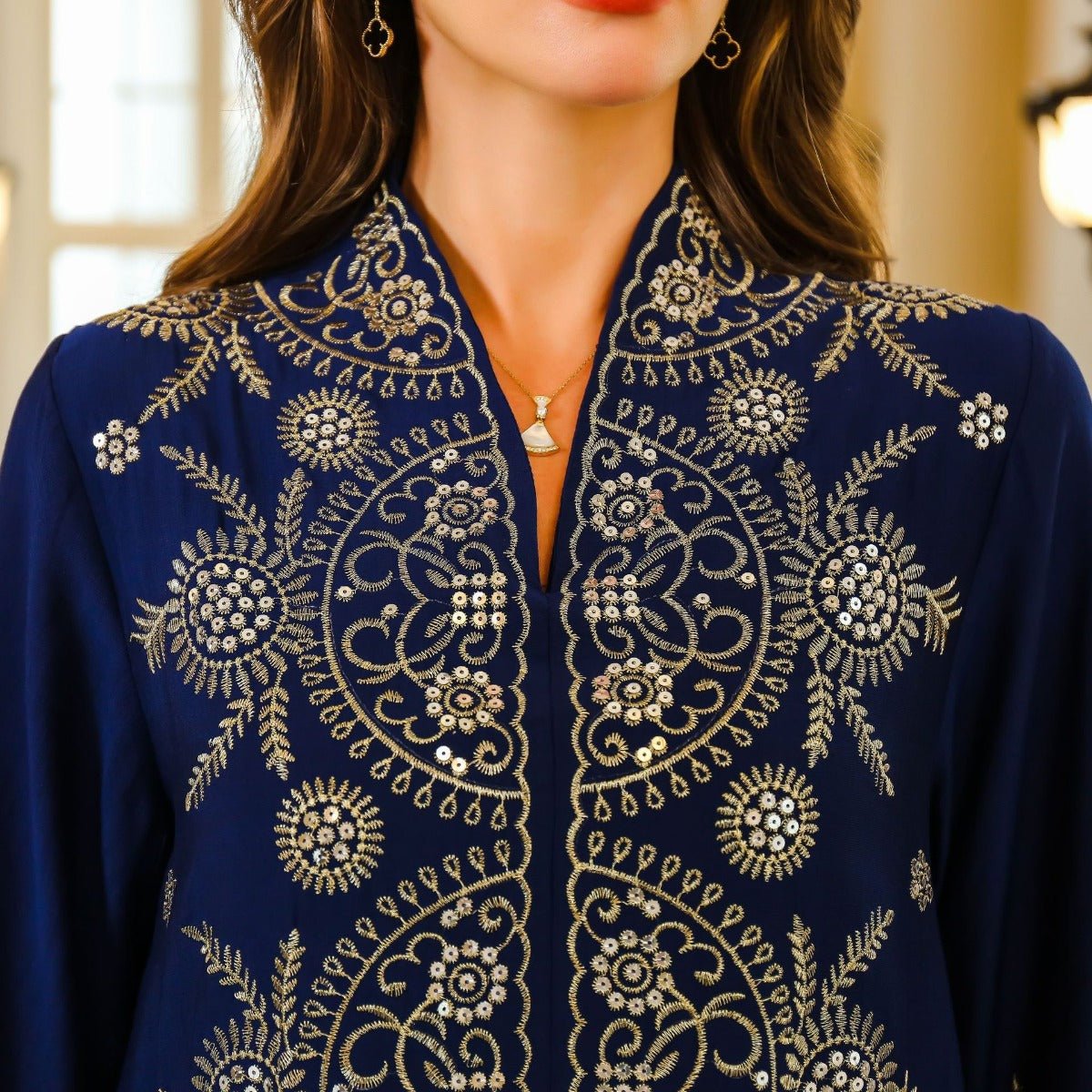 Elegant Embroidered Abaya Gown | Gold Thread & Sequin Maxi Dress with Flared Sleeves(MA285) - Mariam's Collection