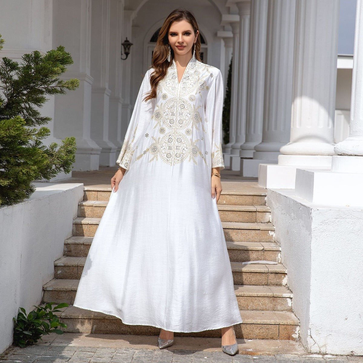 Elegant Embroidered Abaya Gown | Gold Thread & Sequin Maxi Dress with Flared Sleeves(MA285) - Mariam's Collection