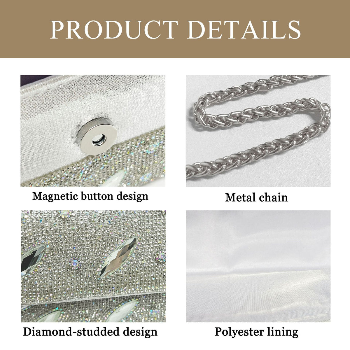 Side profile of structured pearl clutch bag showing hard-shell frame