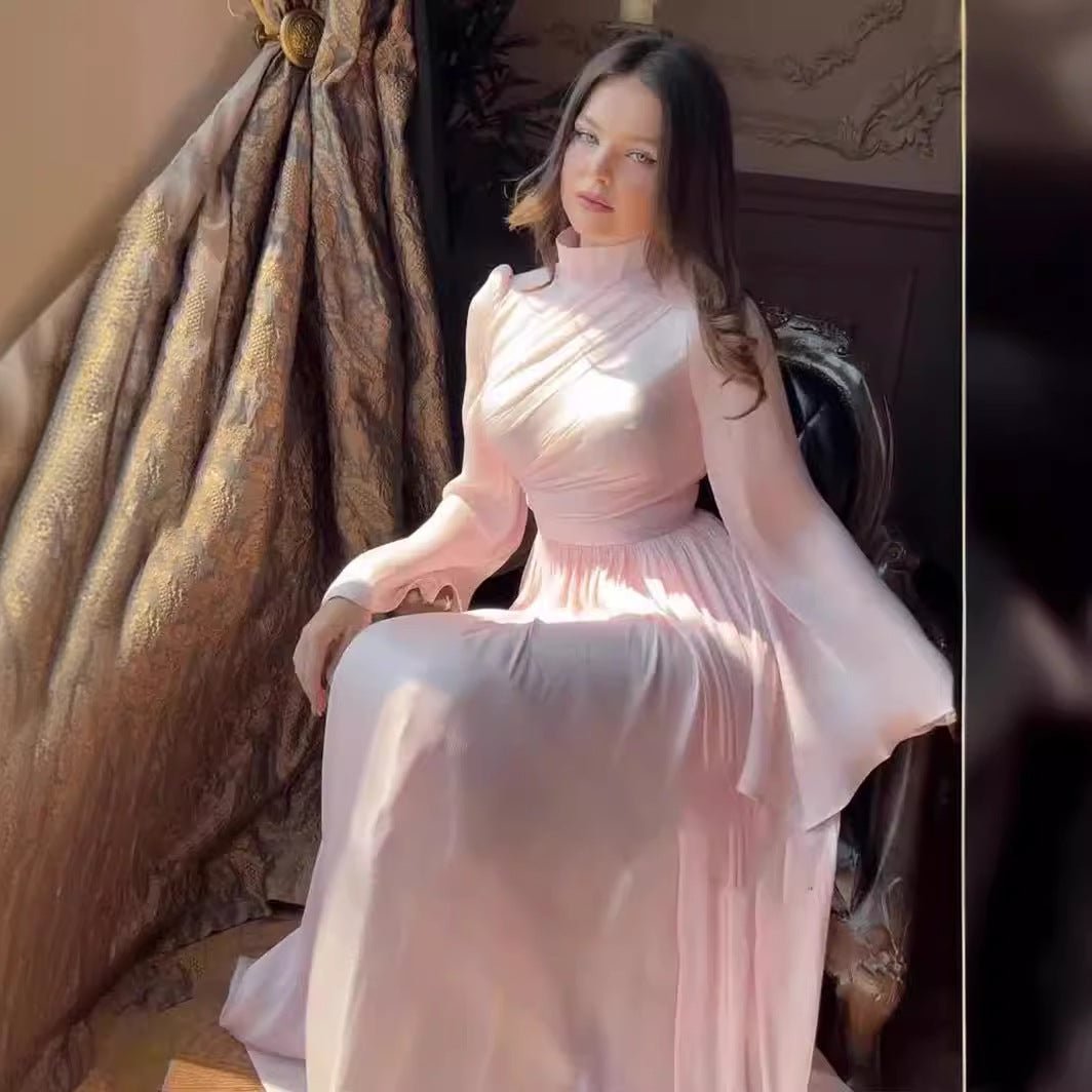 Elegant French Waist Pleated Half - Turtleneck Flared Sleeve Dresses Abaya Wedding Guest Gown. (MA199) - Mariam's Collection