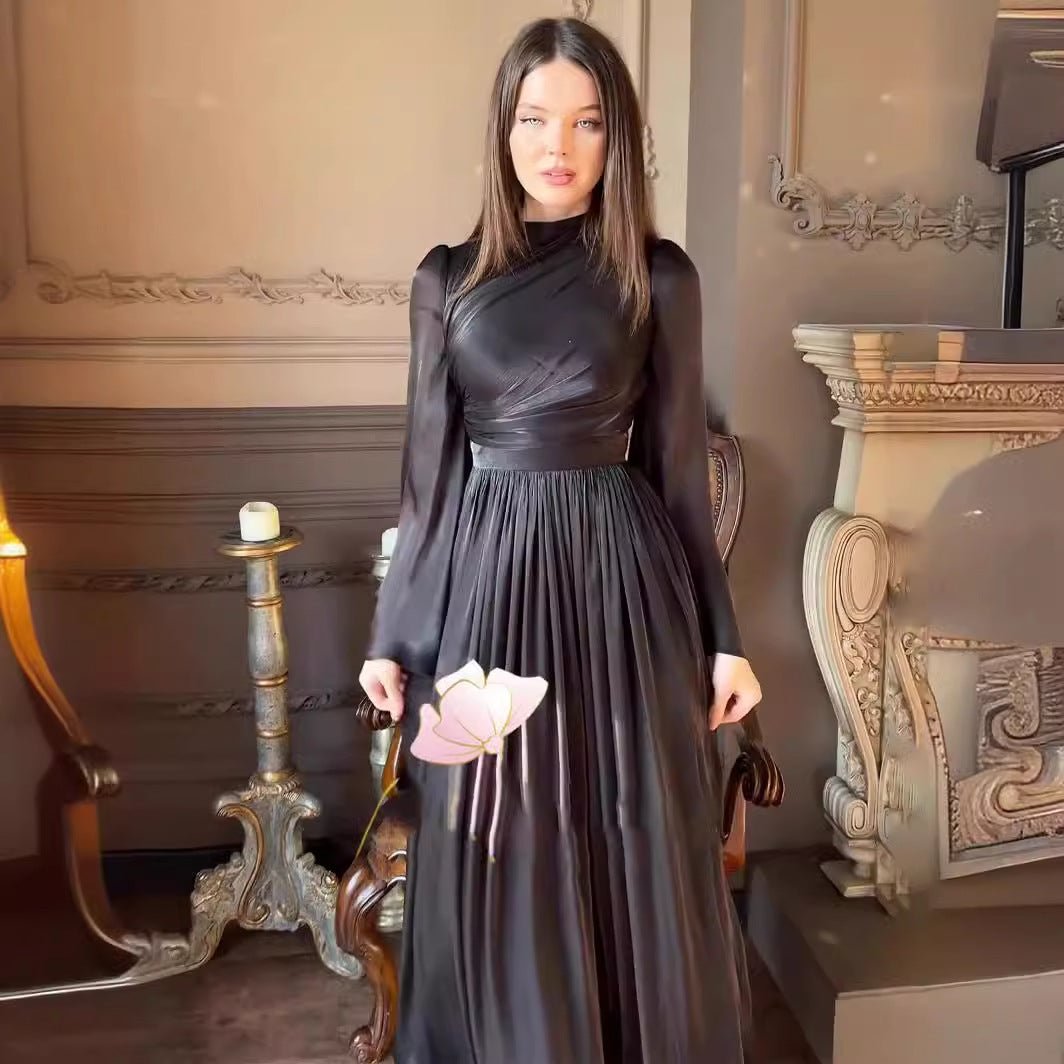 Elegant French Waist Pleated Half - Turtleneck Flared Sleeve Dresses Abaya Wedding Guest Gown. (MA199) - Mariam's Collection