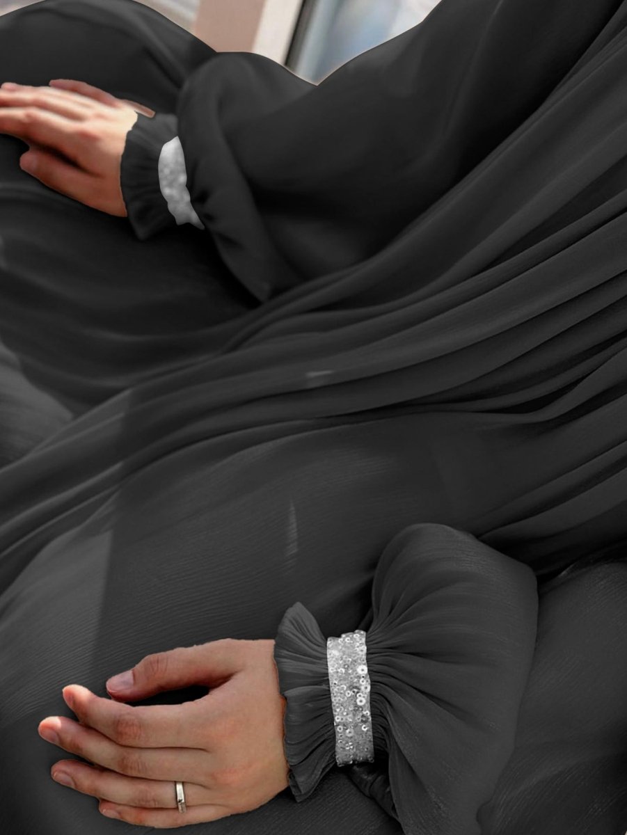 Elegant Glossy Flower Cuff Sequinned Abaya (MA140) - Mariam's Collection