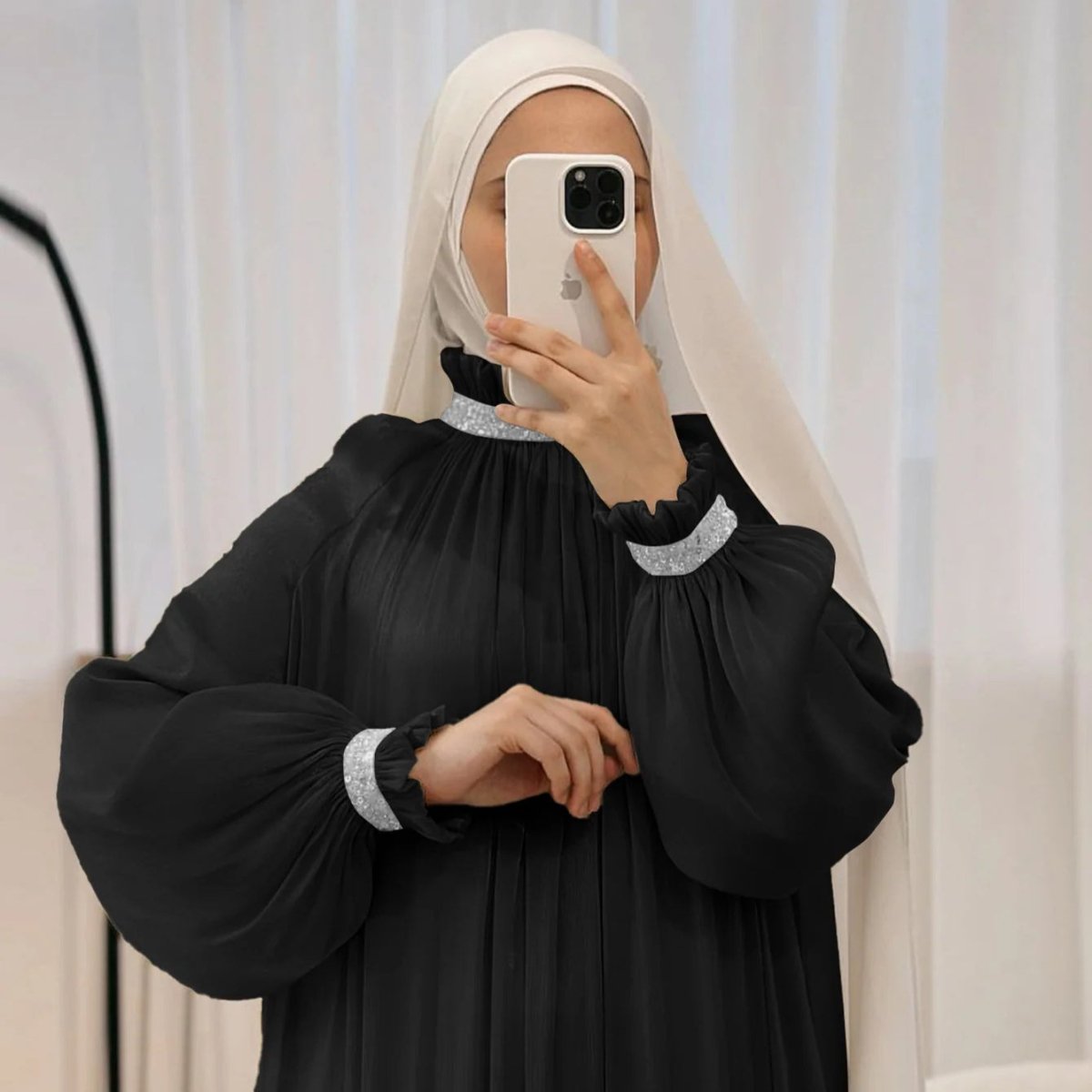 Elegant Glossy Flower Cuff Sequinned Abaya (MA140) - Mariam's Collection