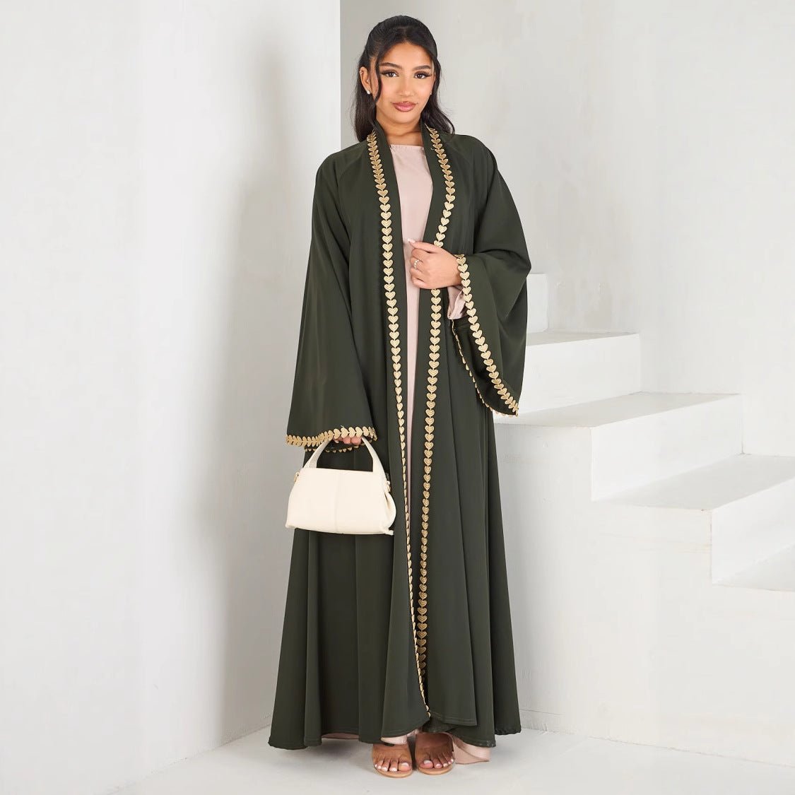 Elegant Gold Heart - Trim Loose Trimmed Cardigan Open Front Abaya. (MOA162) - Mariam's Collection