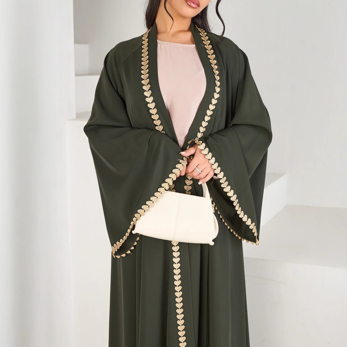 Elegant Gold Heart - Trim Loose Trimmed Cardigan Open Front Abaya. (MOA162) - Mariam's Collection