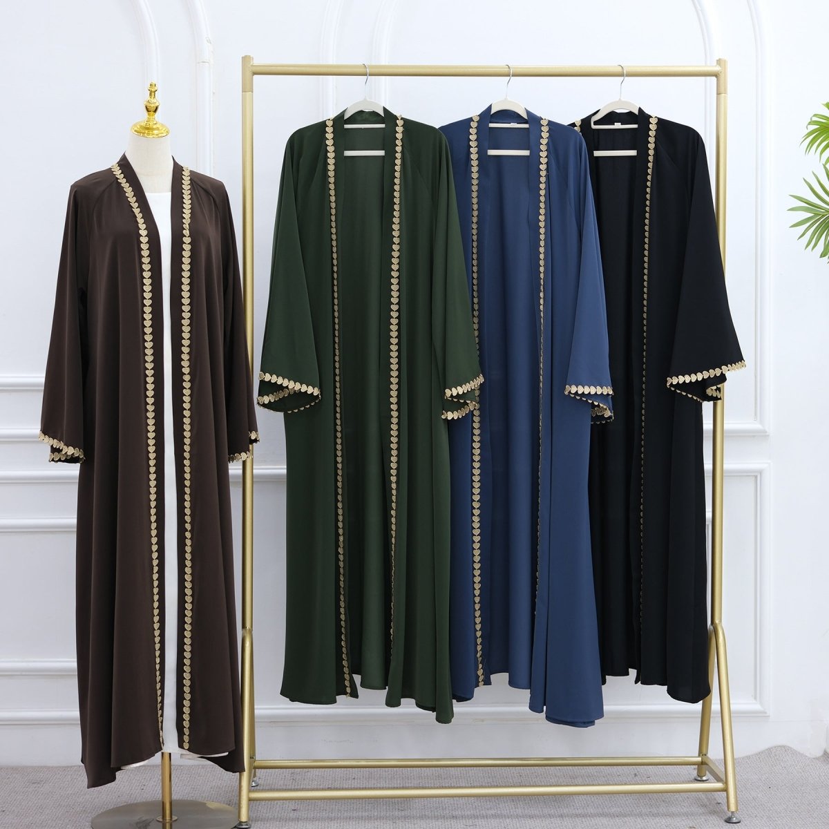 Elegant Gold Heart - Trim Loose Trimmed Cardigan Open Front Abaya. (MOA162) - Mariam's Collection