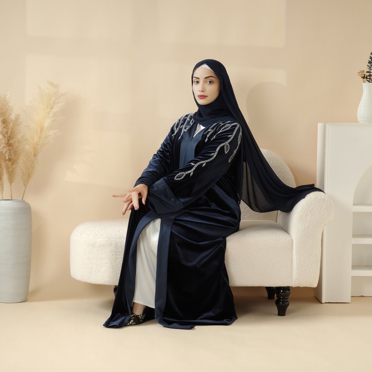 Elegant Hand - Stitched Beaded Luxury Velvet Open Abaya (MOA106) - Mariam's Collection