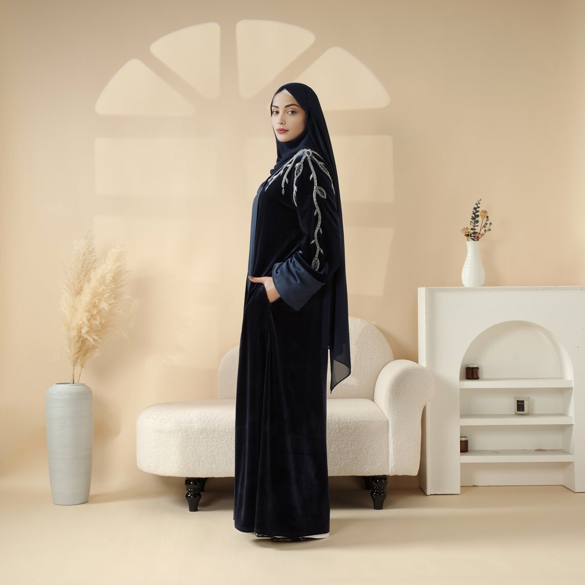 Elegant Hand - Stitched Beaded Luxury Velvet Open Abaya (MOA106) - Mariam's Collection