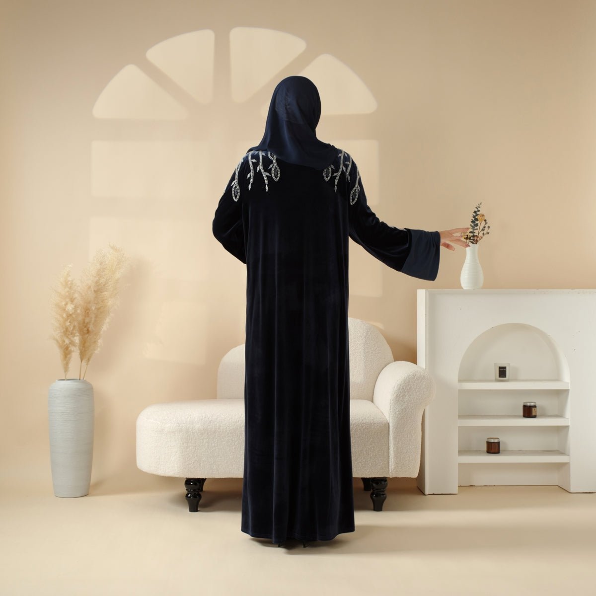 Elegant Hand - Stitched Beaded Luxury Velvet Open Abaya (MOA106) - Mariam's Collection