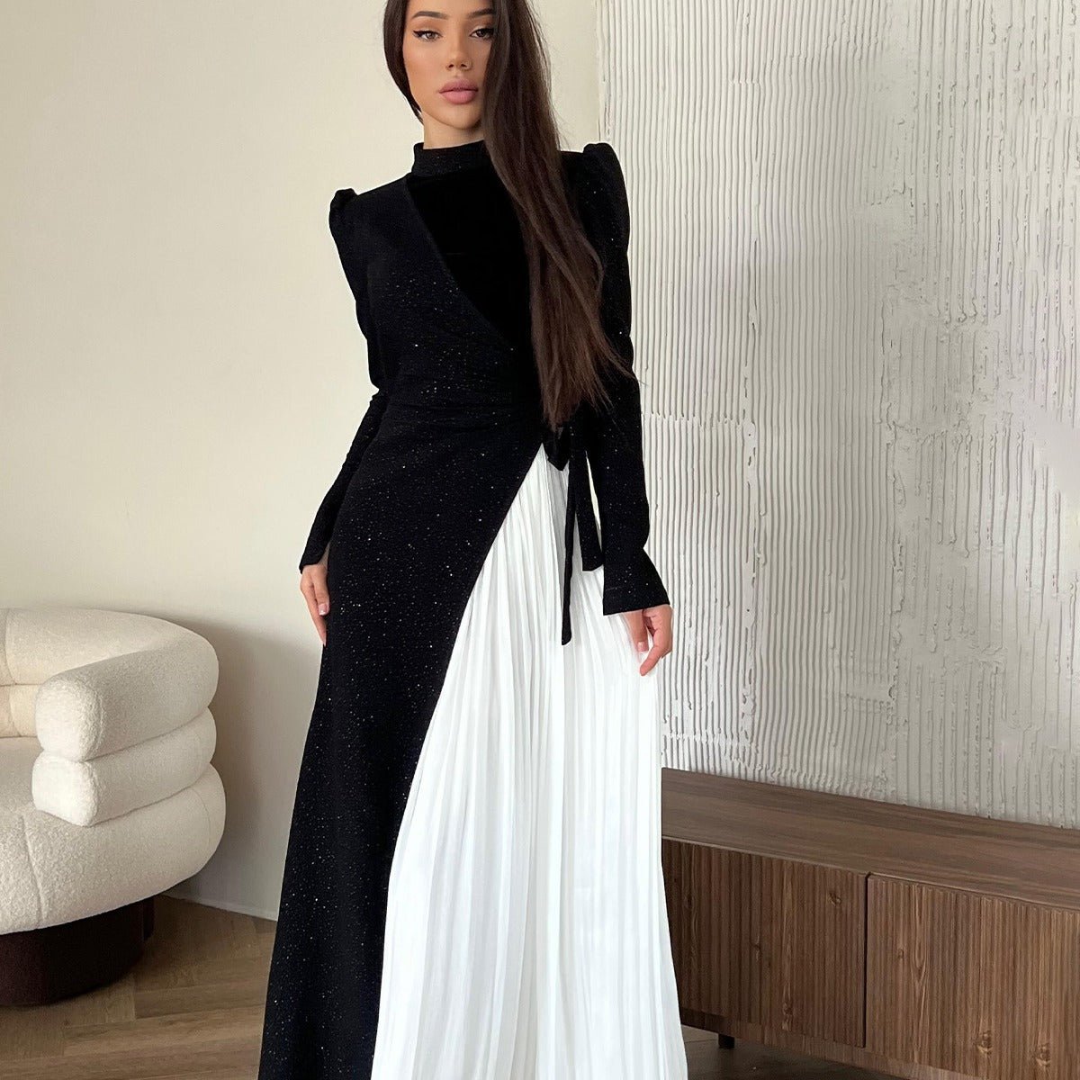 Elegant High Neck Long Sleeve Black & White Spliced Pleated Dress Abaya with Puffed Shoulders. (MA195) - Mariam's Collection