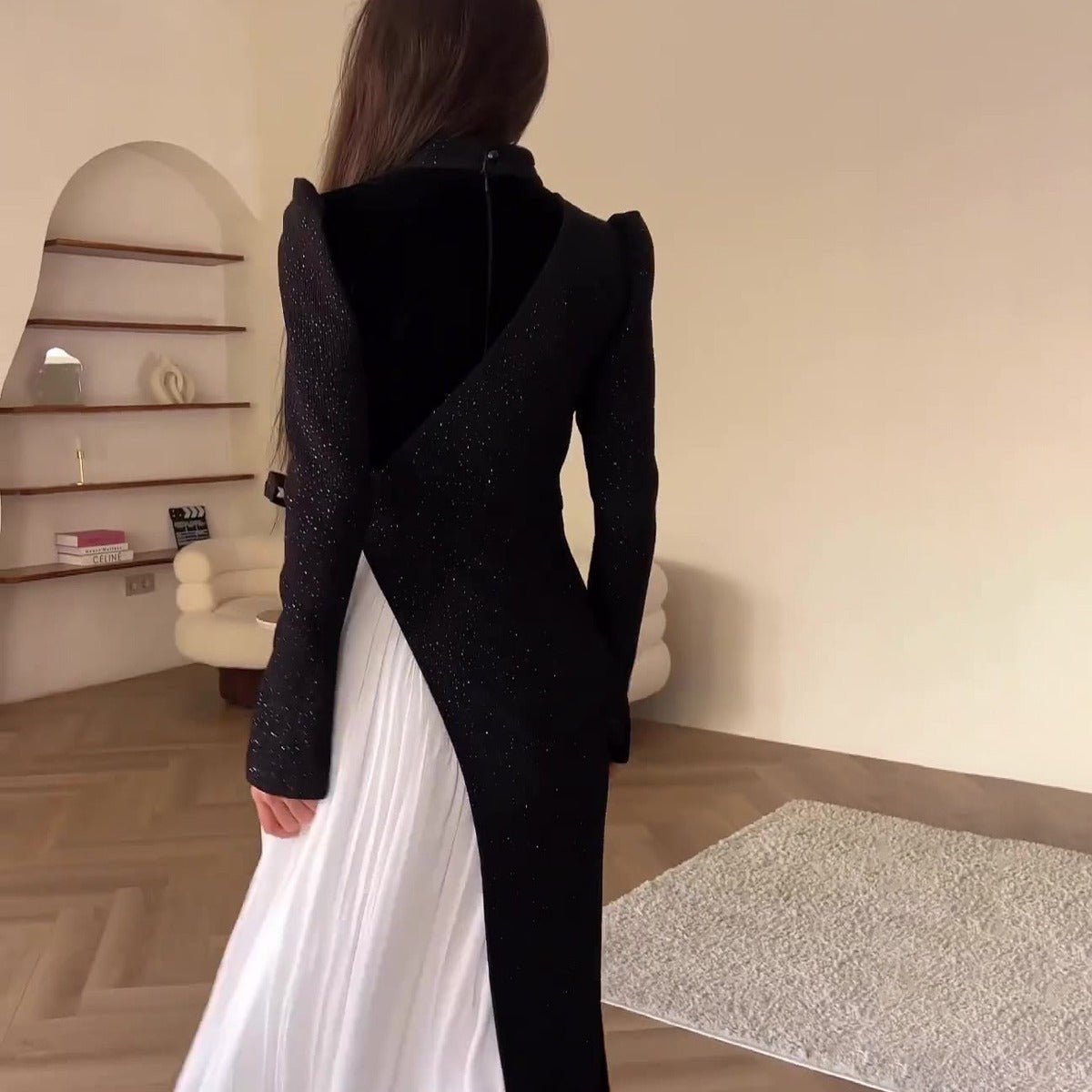 Elegant High Neck Long Sleeve Black & White Spliced Pleated Dress Abaya with Puffed Shoulders. (MA195) - Mariam's Collection