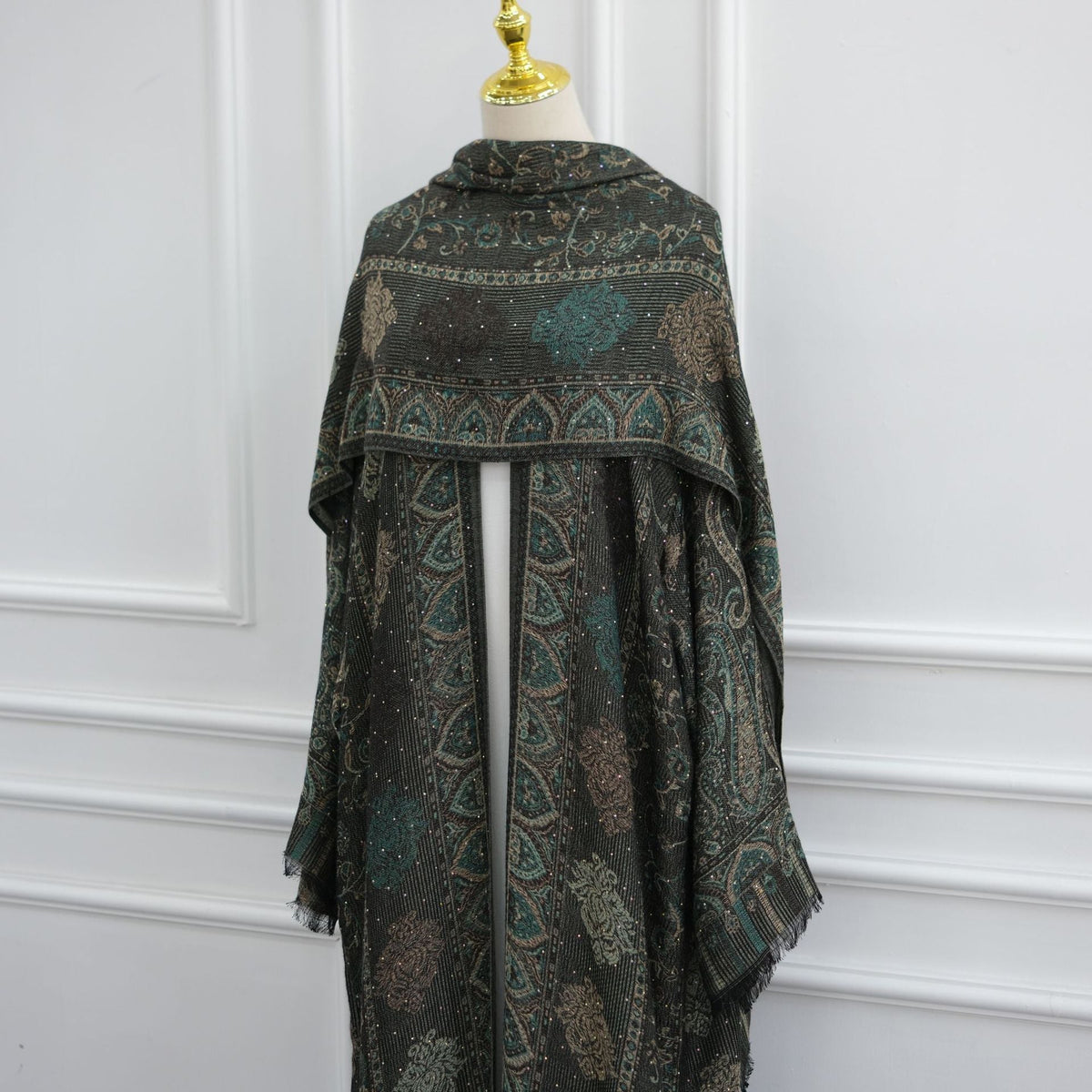 Elegant Jacquard Rhinestone Cardigan & Hijab 2-Piece Set(MOA349) - Mariam's Collection