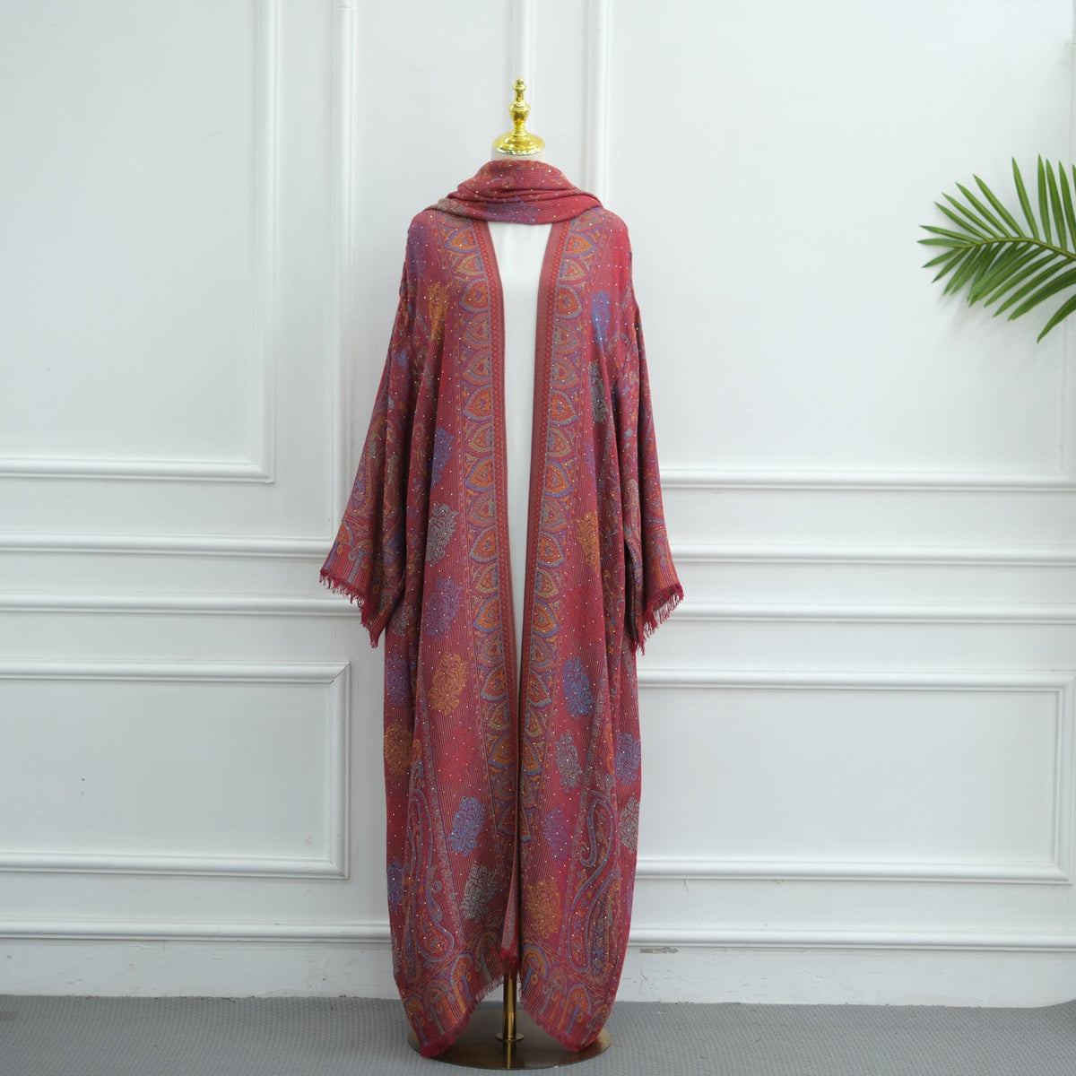 Elegant Jacquard Rhinestone Cardigan & Hijab 2-Piece Set(MOA349) - Mariam's Collection