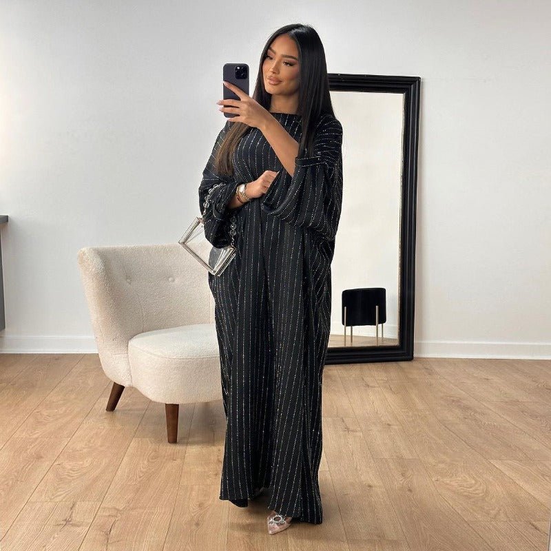 Elegant Long - Sleeved Diamond Craft Sparkling Abaya Dress - Modest Long Pullover Dress with Vertical Stripes(MA292) - Mariam's Collection