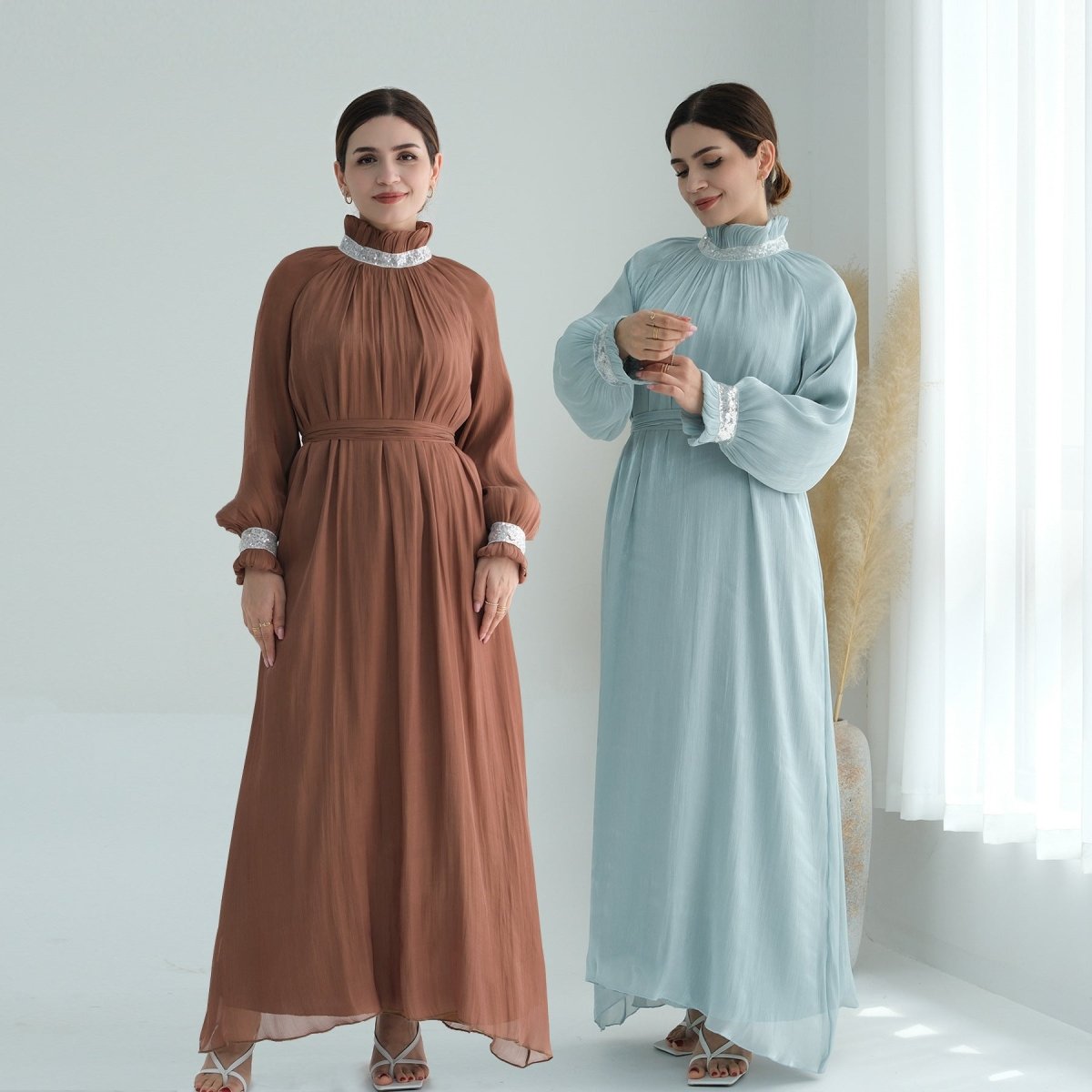 Elegant Modest Long Sleeve High - Neck Lace - Up Solid Color Dress Abaya. (MA213) - Mariam's Collection
