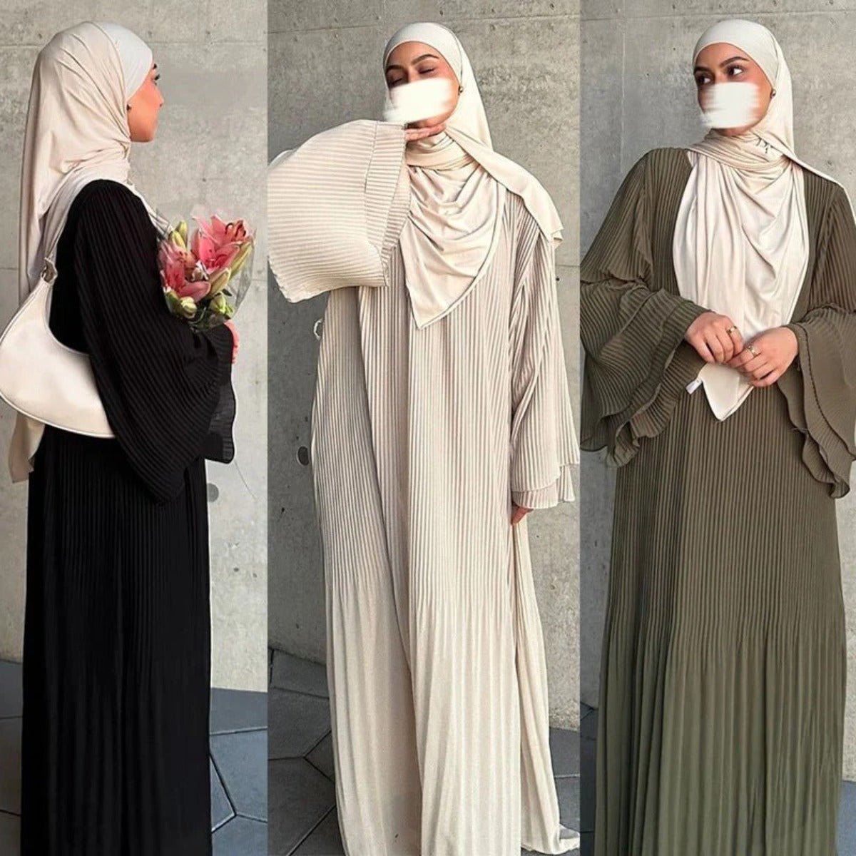 Elegant Muslim Women's Pleated Chiffon Pullover Robe Dress Modest Solid Color Abaya with Flared Sleeves. (MA176) - Mariam's Collection