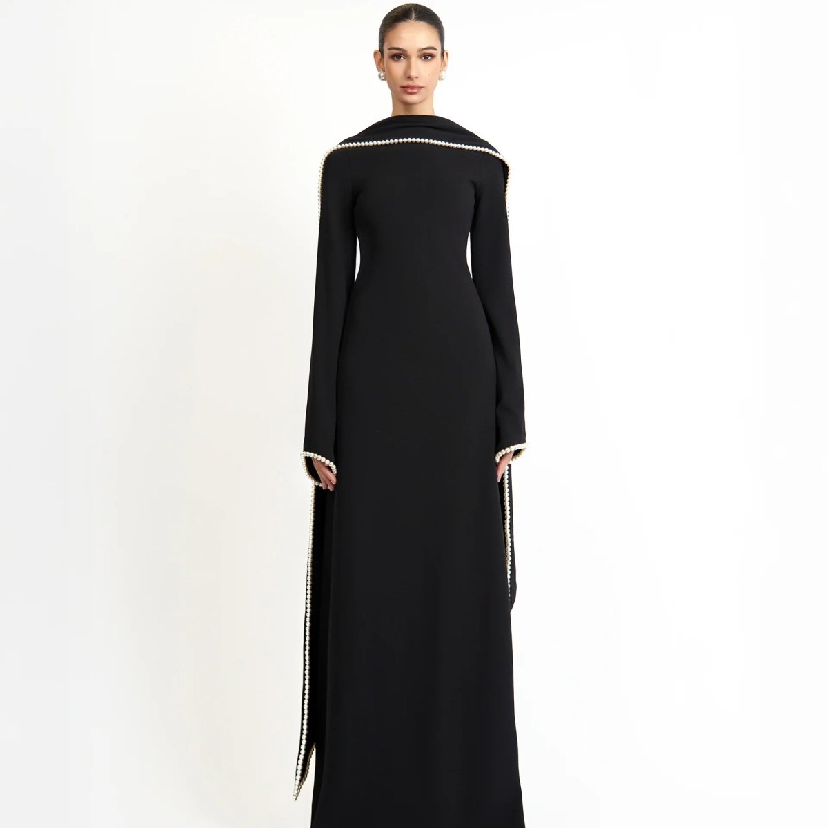 Elegant Pearl Embellished Cape Sleeve Evening Dress(MA337) - Mariam's Collection