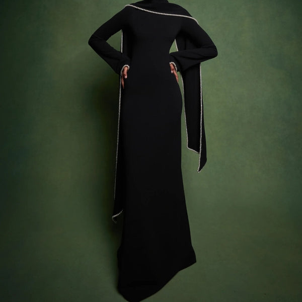 Elegant Pearl Embellished Cape Sleeve Evening Dress(MA337) - Mariam's Collection