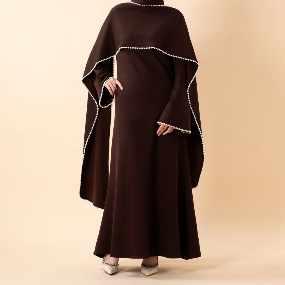 Elegant Pearl Embellished Cape Sleeve Evening Dress(MA337) - Mariam's Collection