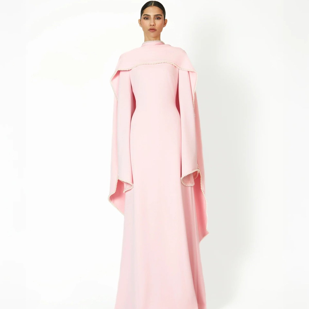 Elegant Pearl Embellished Cape Sleeve Evening Dress(MA337) - Mariam's Collection