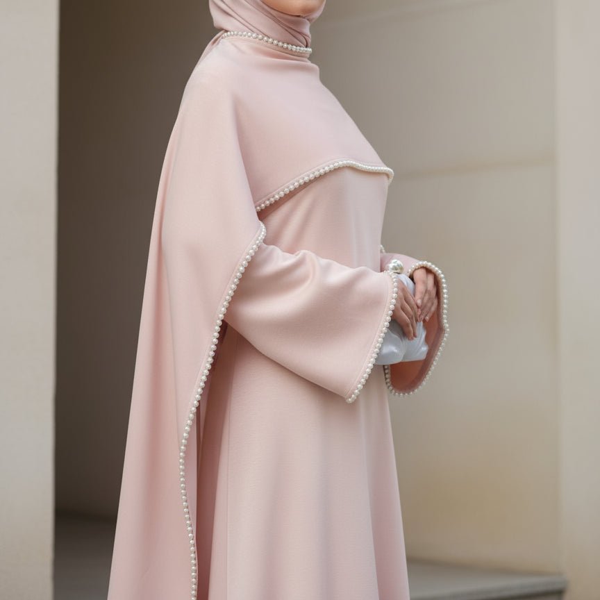 Elegant Pearl Embellished Cape Sleeve Evening Dress(MA337) - Mariam's Collection