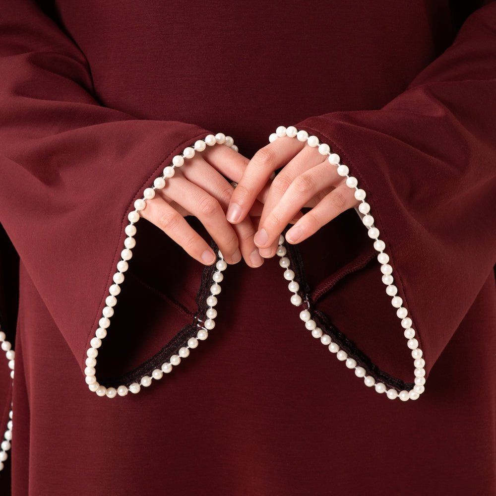 Elegant Pearl Embellished Cape Sleeve Evening Dress(MA337) - Mariam's Collection