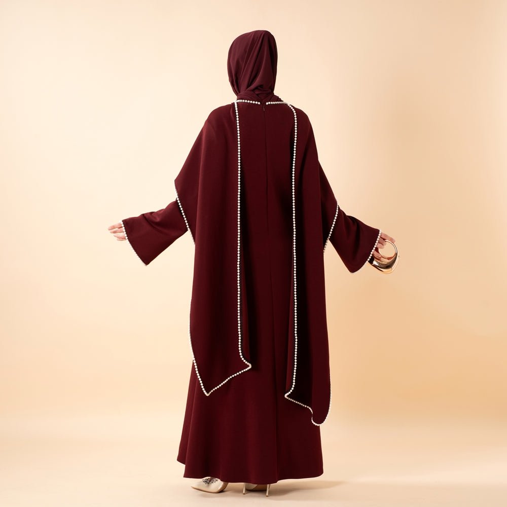 Elegant Pearl Embellished Cape Sleeve Evening Dress(MA337) - Mariam's Collection