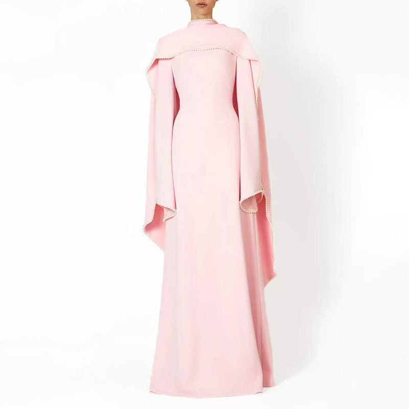 Elegant Pearl Embellished Cape Sleeve Evening Dress(MA337) - Mariam's Collection