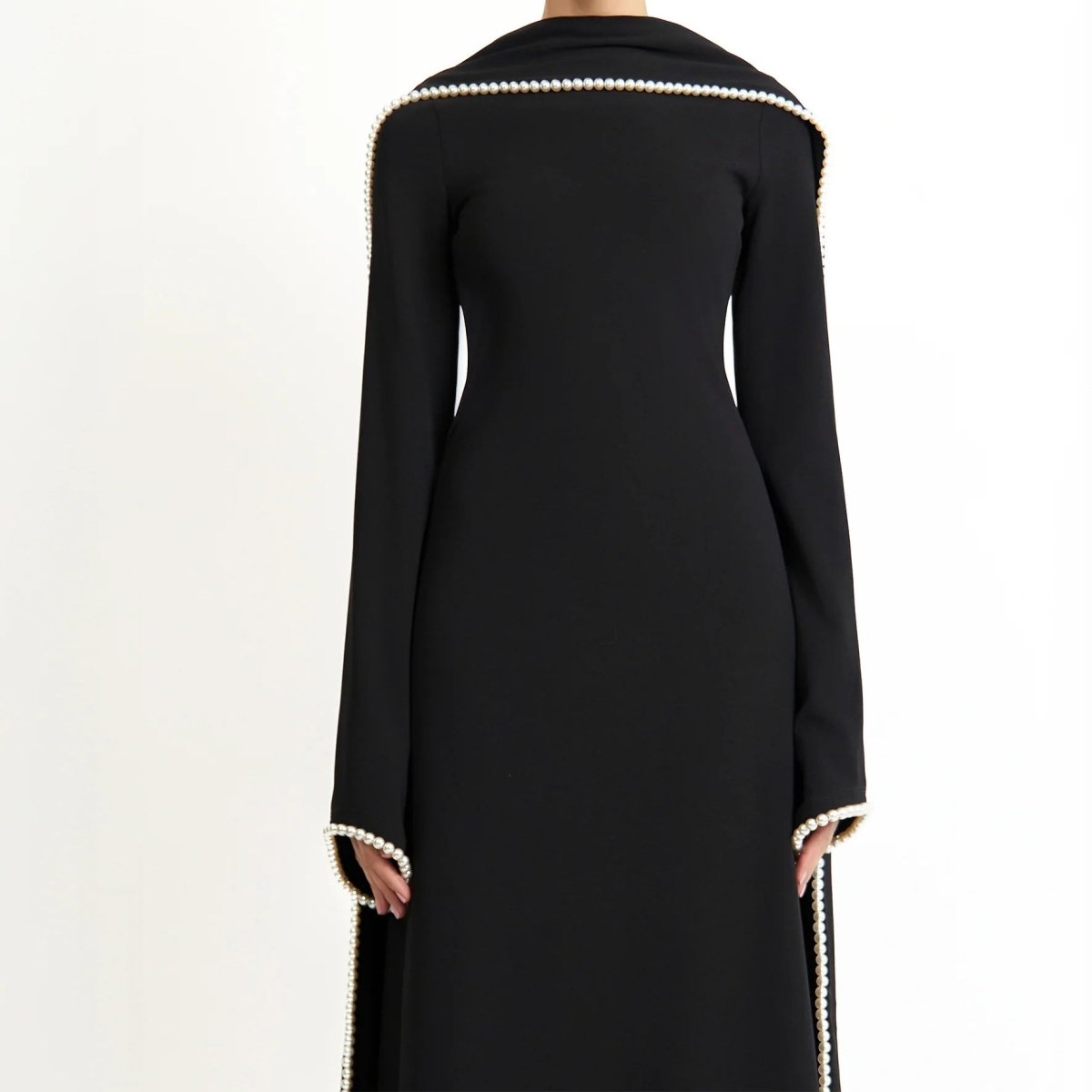 Elegant Pearl Embellished Cape Sleeve Evening Dress(MA337) - Mariam's Collection