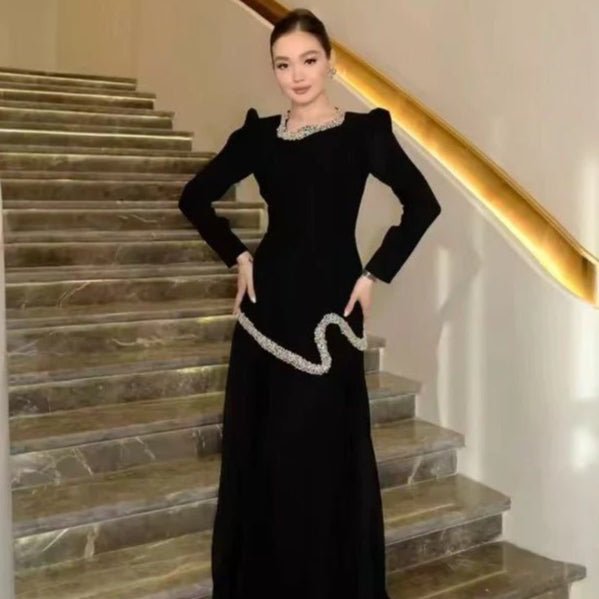 Elegant Pleated Abaya Dress with Diamond Embellished Collar & Waist | Modest Muslim Maxi Dress with Back Strap Detail(MA294) - Mariam's Collection