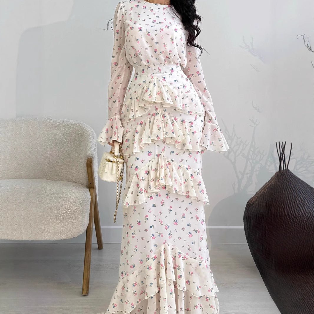 Elegant Romantic Floral Chiffon Fishtail Ruffled Long Sleeve Dress Maxi Dress Abaya. (MA212) - Mariam's Collection