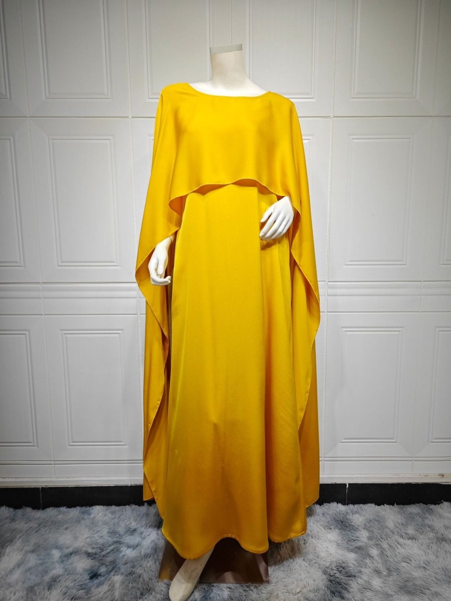 Elegant Royal Satin Abaya Dress | Modest Cape Sleeve Maxi Robe with Luxurious Draping(MA289) - Mariam's Collection