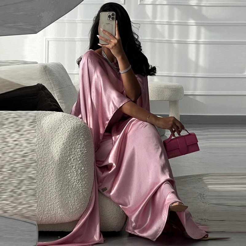 Elegant Royal Satin Abaya Dress | Modest Cape Sleeve Maxi Robe with Luxurious Draping(MA289) - Mariam's Collection