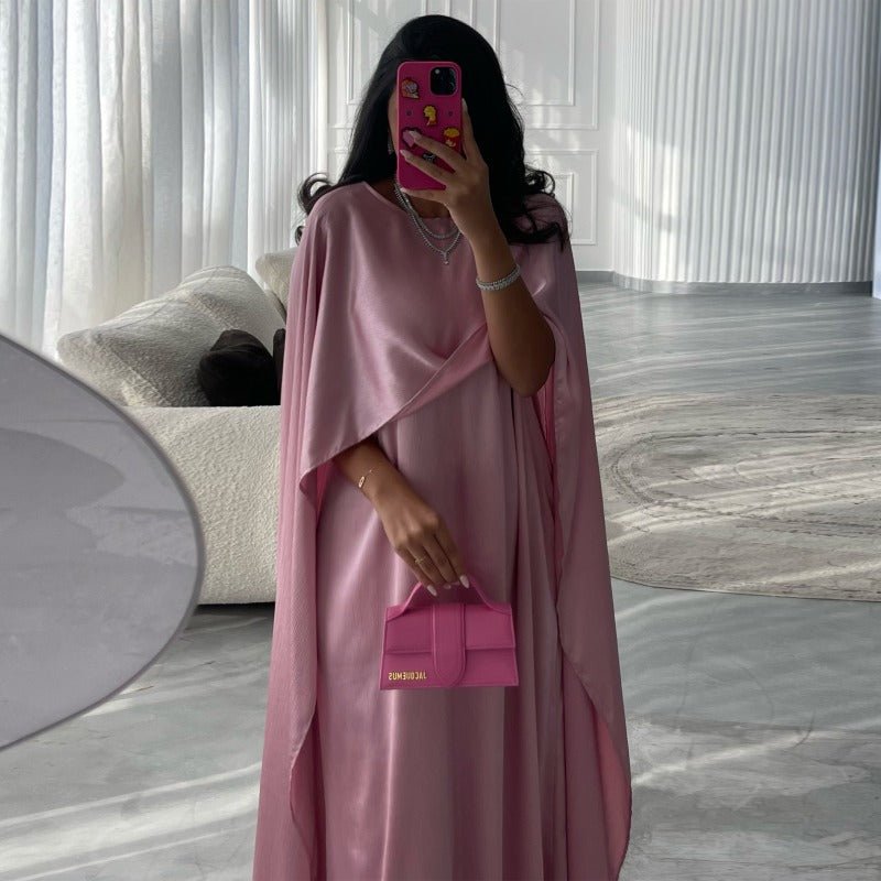 Elegant Royal Satin Abaya Dress | Modest Cape Sleeve Maxi Robe with Luxurious Draping(MA289) - Mariam's Collection